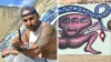 Yulier P y detalles del lienzo de 23 metros que dedicó a presos políticos. Collage de ADN Cuba con fotos del Facebook del artista